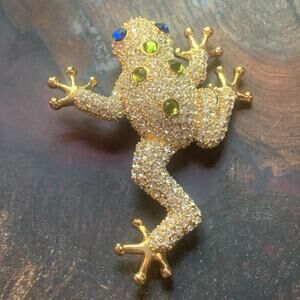 PJM Gold Pave Clear Crystal Frog w/ Blue & Green Rhinestones Brooch Vintage